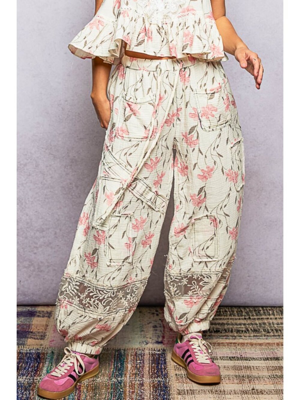 POL Blooming Meadow Lace Cargo Pants in Ivory Floral